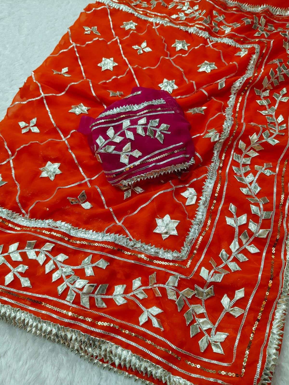 Royal Crimson Silver Kachi Gotta Georgette Saree