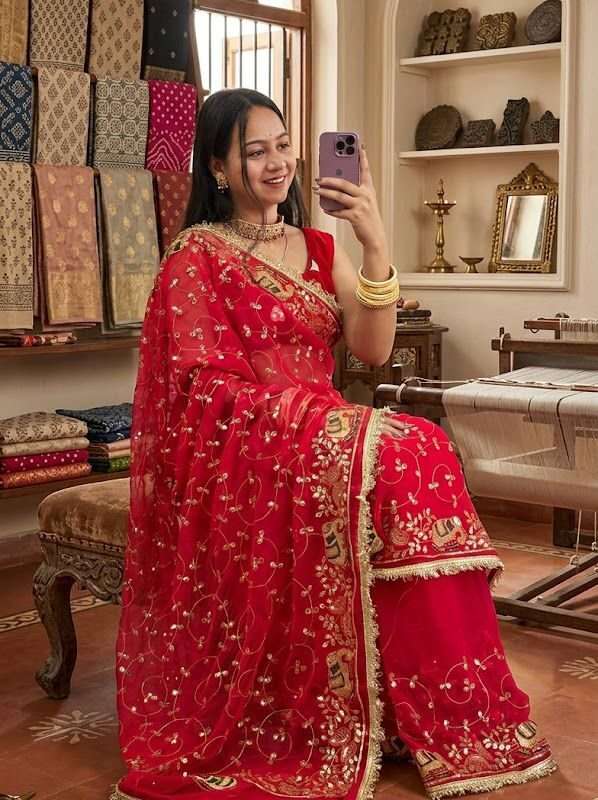Hathi Jaal Vintage Aari Taari Georgette Saree