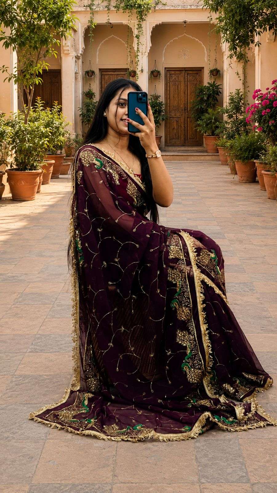 Elegant Georgette Jaal Aari Taari Work Saree Set