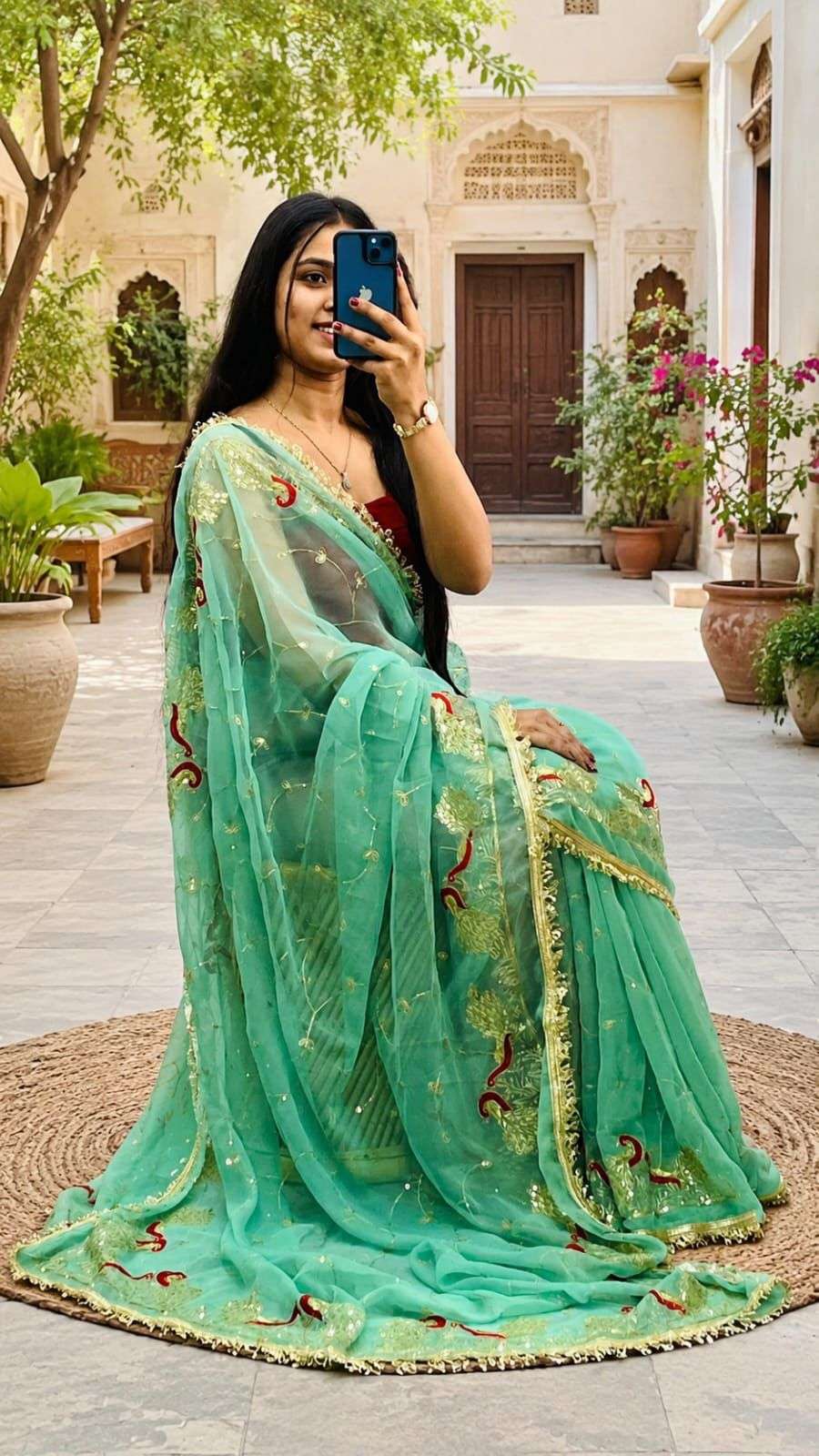 Elegant Georgette Jaal Aari Taari Work Saree Set