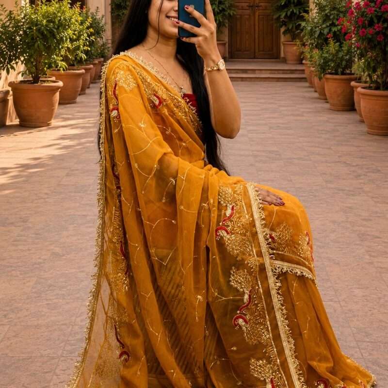 Elegant Georgette Jaal Aari Taari Work Saree Set