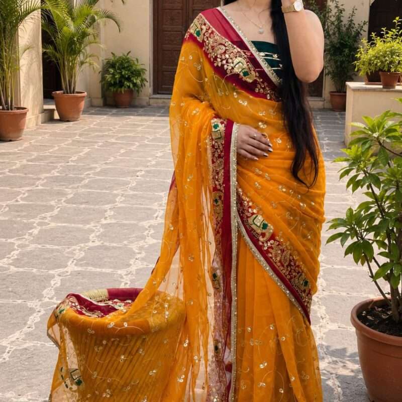 Pilia Hathi Jaal Ari-Tari Georgette Saree