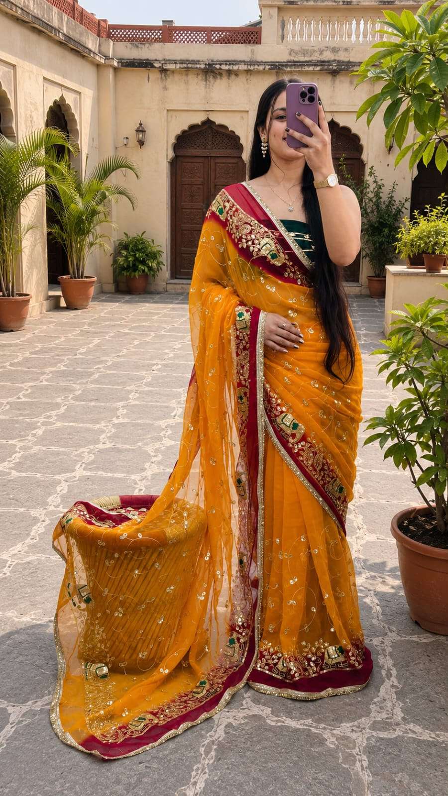 Pilia Hathi Jaal Ari-Tari Georgette Saree
