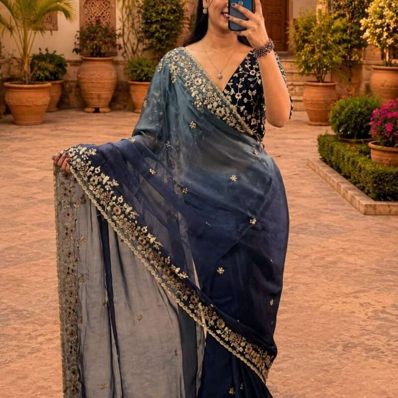 Royal Dual Shade Zari Work Fandy Chiffon Party Wear Saree
