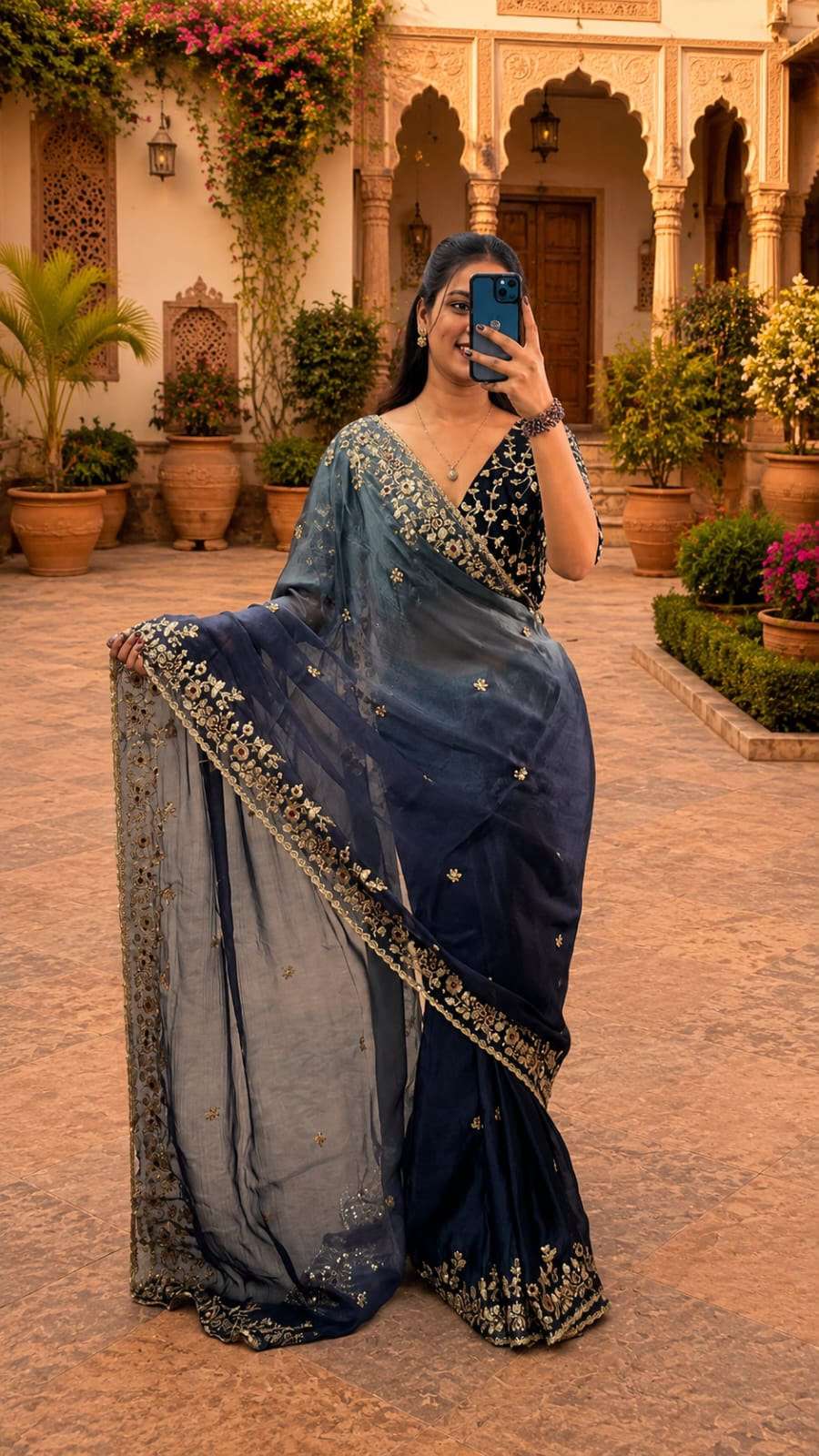 Royal Dual Shade Zari Work Fandy Chiffon Party Wear Saree