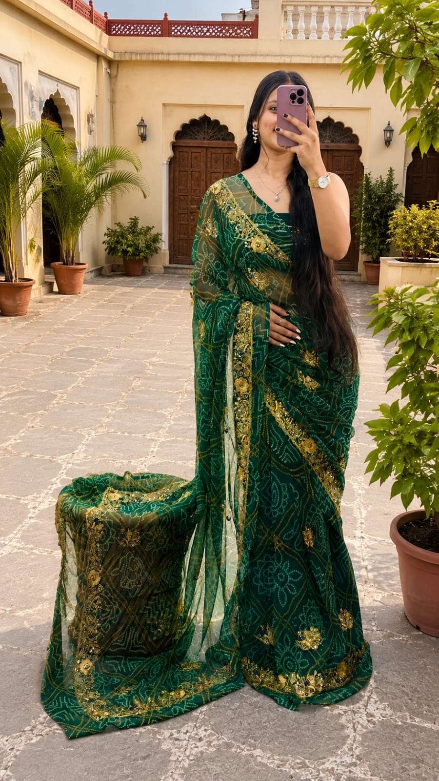 Mor Bandhani Aari-Tari Georgette Saree