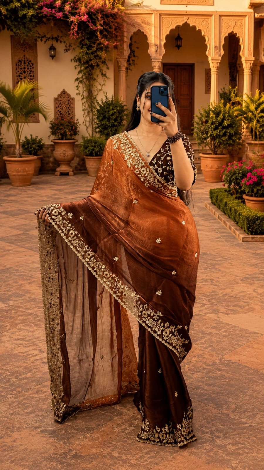 Royal Dual Shade Zari Work Fandy Chiffon Party Wear Saree
