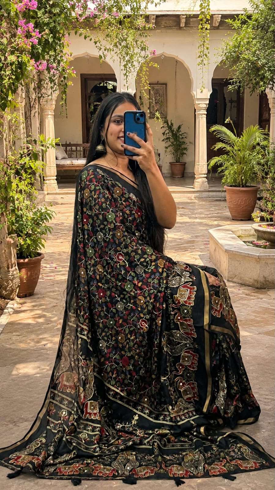 Royal Ajrak Mulmul Cotton Saree With Tassel Border