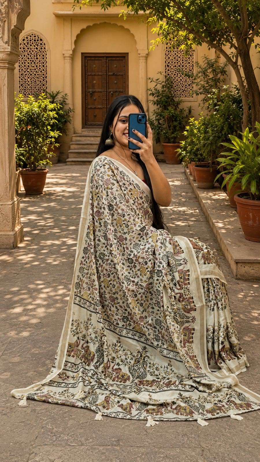 Royal Ajrak Mulmul Cotton Saree With Tassel Border