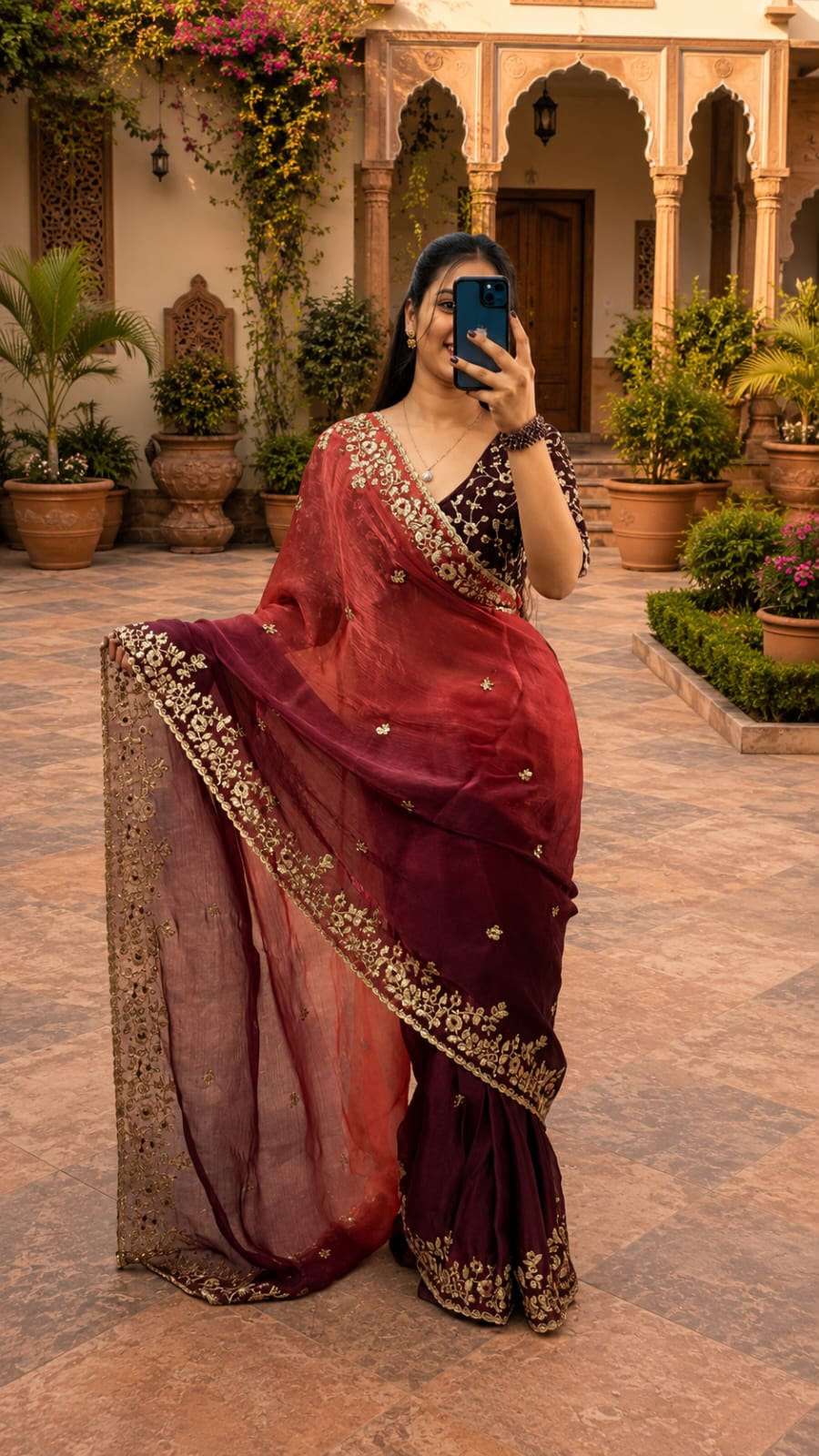 Royal Dual Shade Zari Work Fandy Chiffon Party Wear Saree