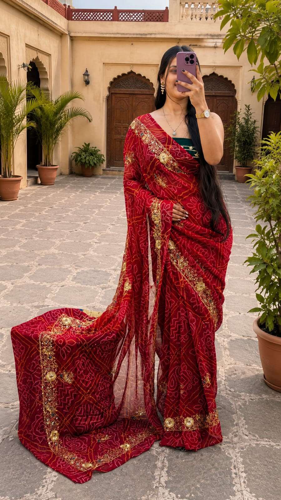 Mor Bandhani Aari-Tari Georgette Saree