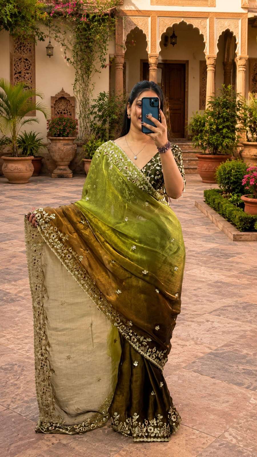 Royal Dual Shade Zari Work Fandy Chiffon Party Wear Saree