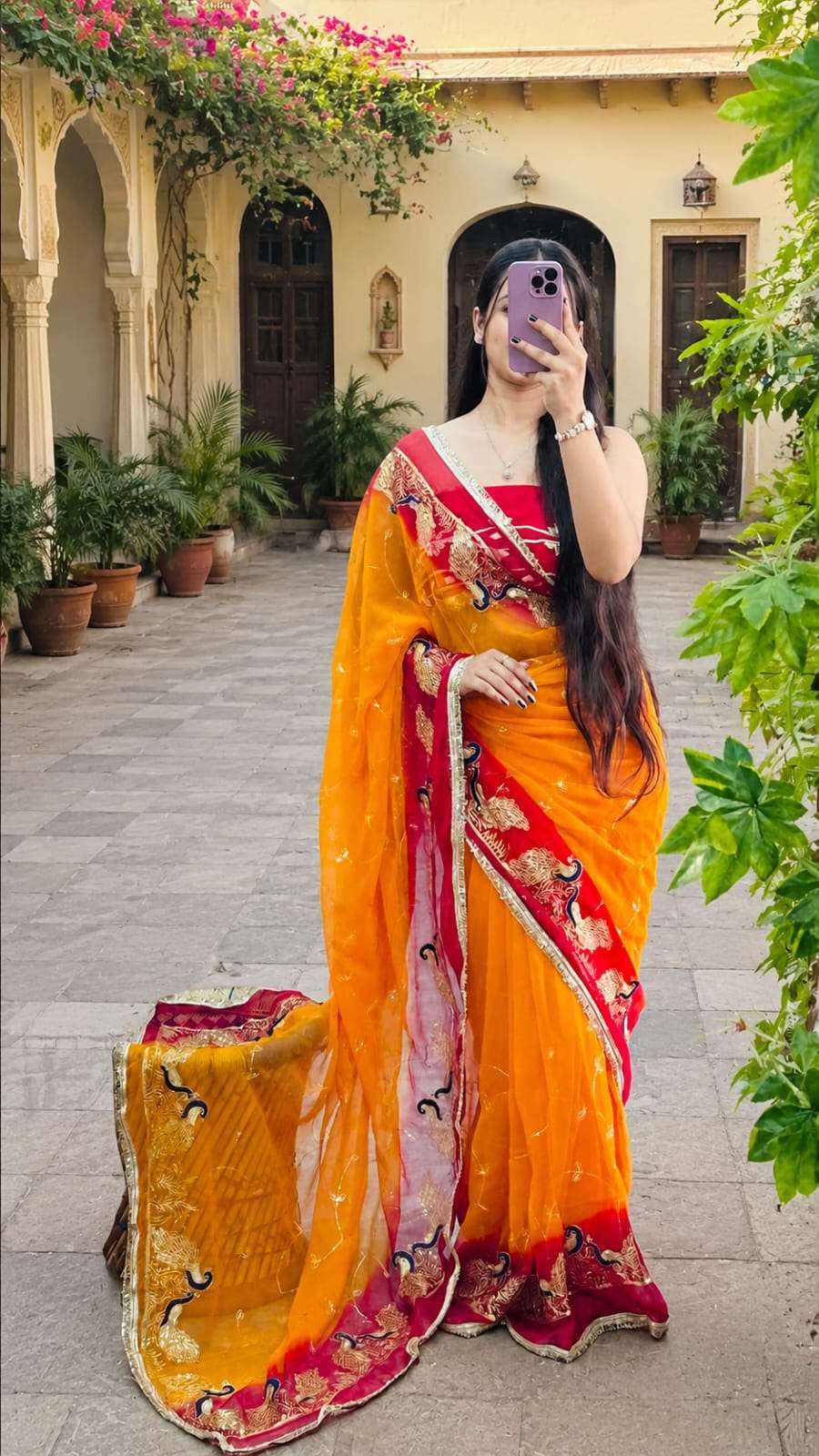 Pilia Couple Mor Ari-Tari Jaal Work Georgette Saree