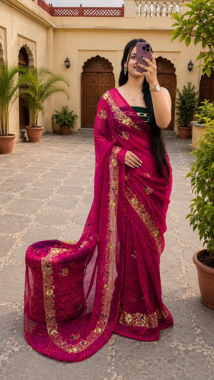 Mor Bandhani Aari-Tari Georgette Saree