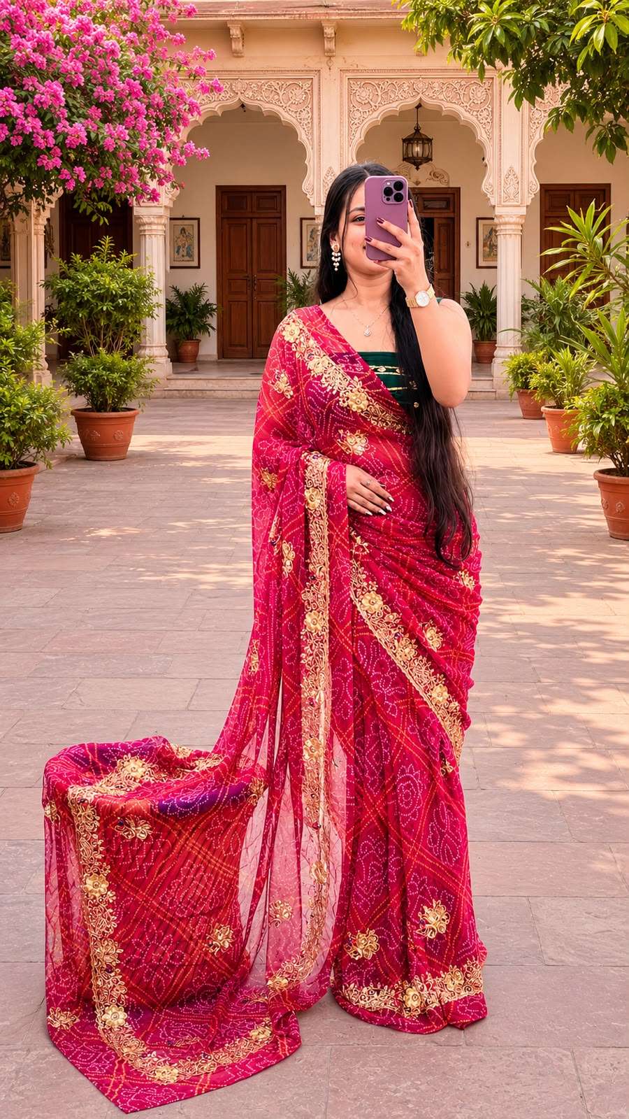Mor Bandhani Aari-Tari Georgette Saree