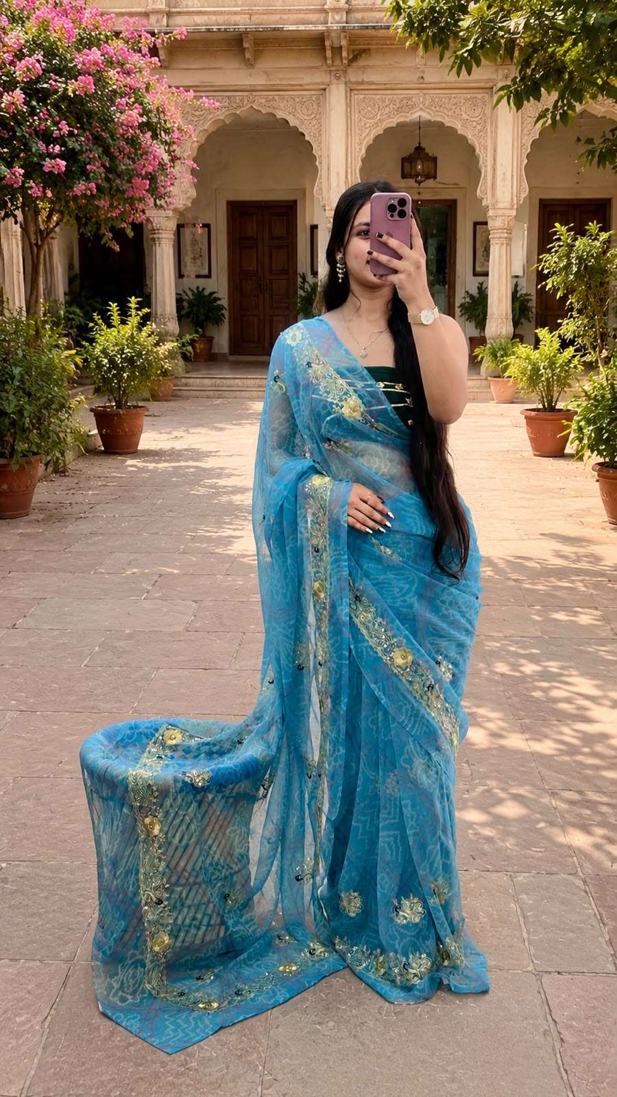 Mor Bandhani Aari-Tari Georgette Saree