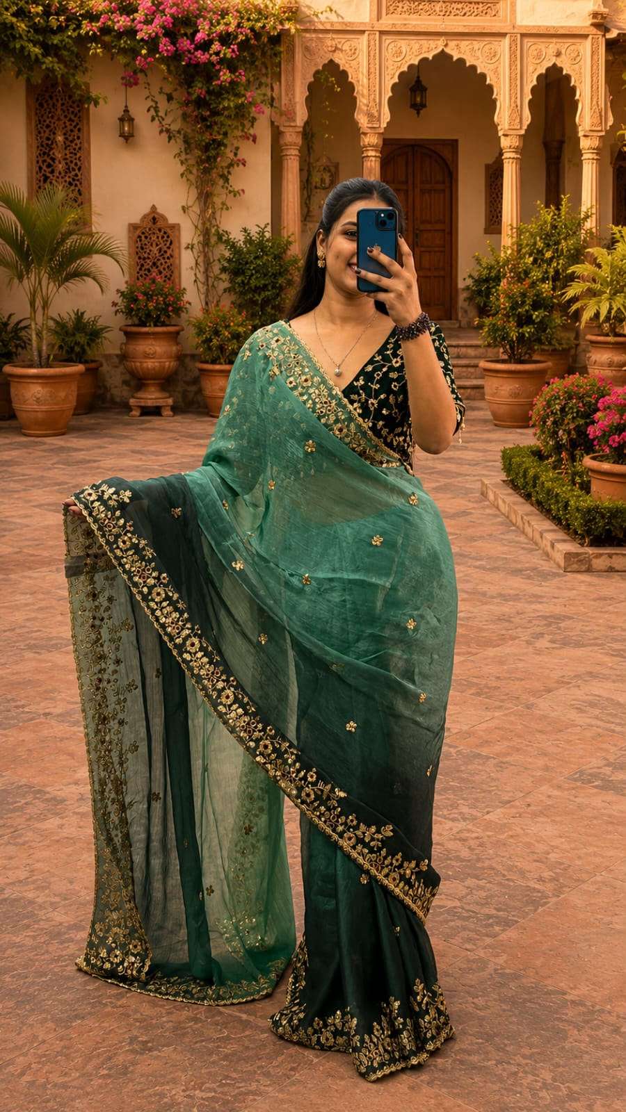 Royal Dual Shade Zari Work Fandy Chiffon Party Wear Saree