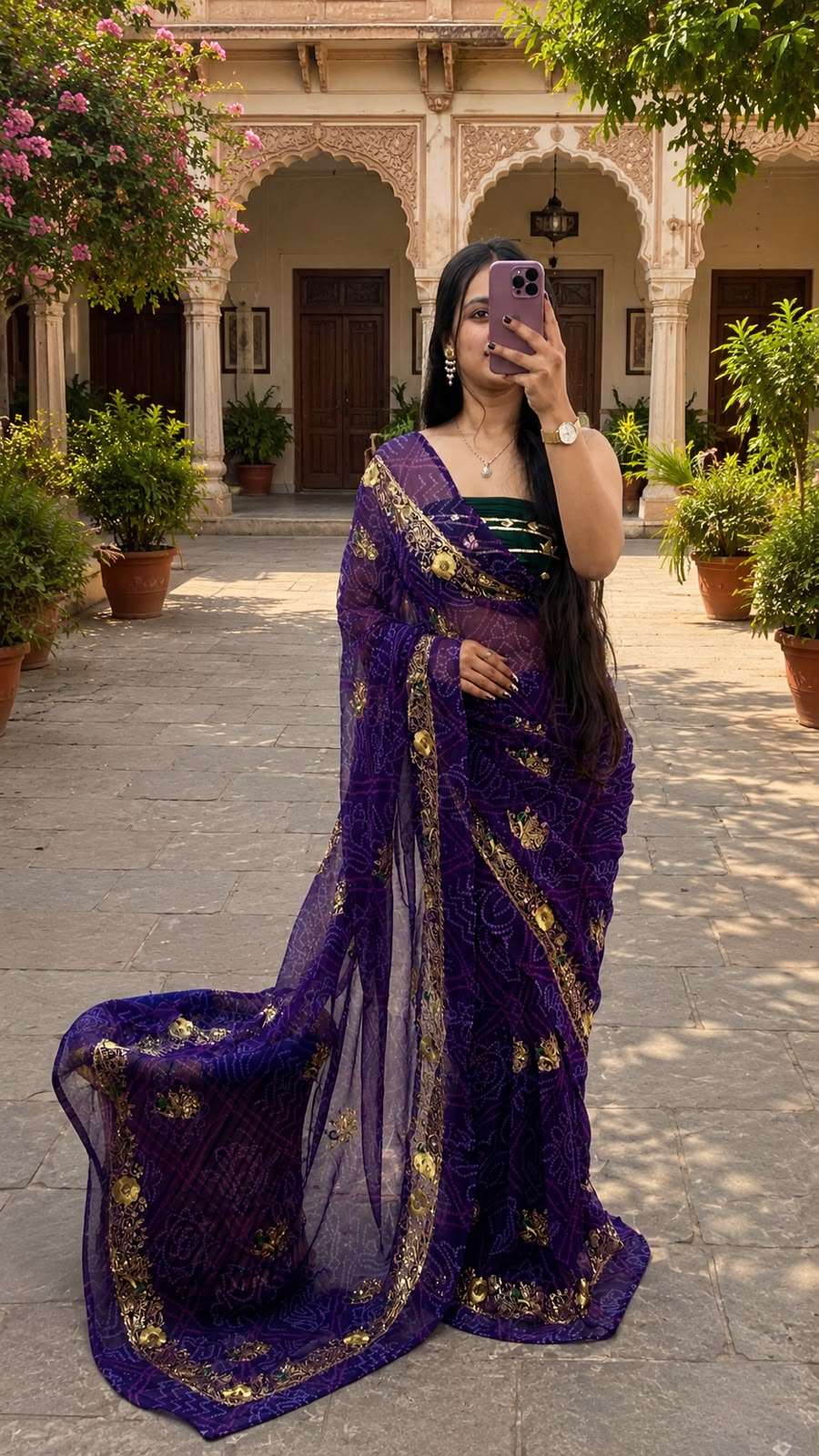 Mor Bandhani Aari-Tari Georgette Saree
