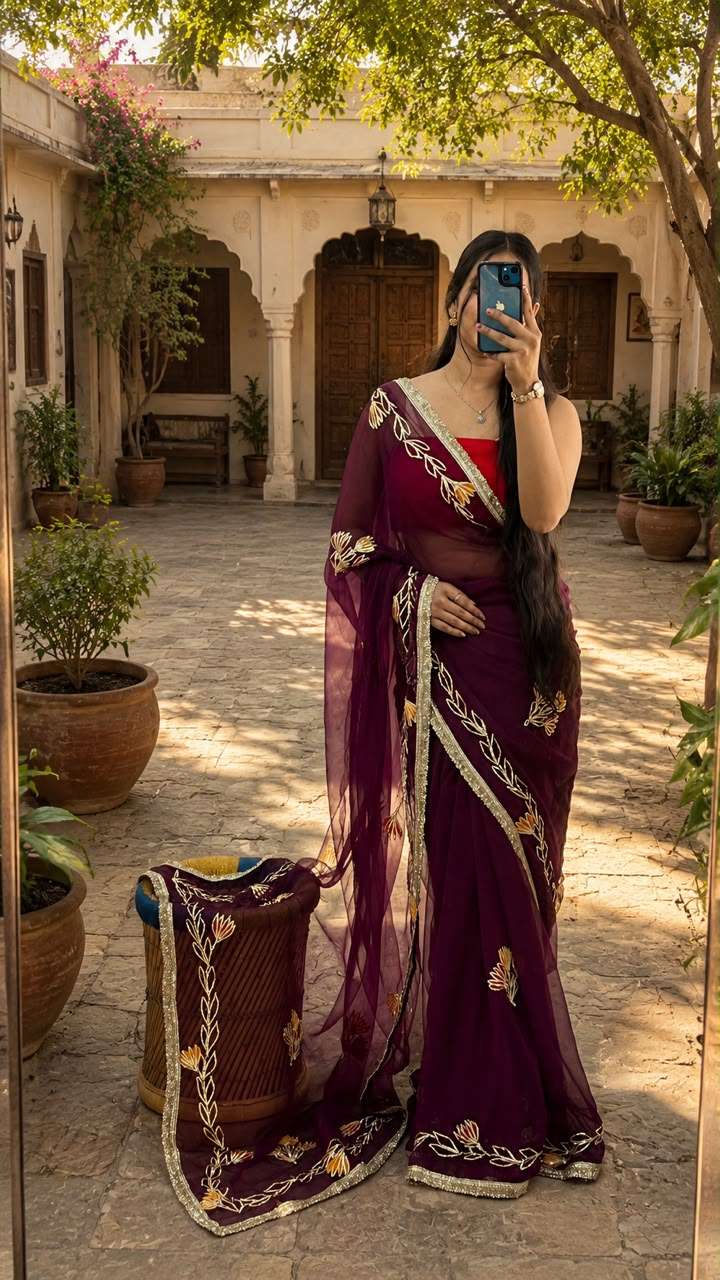 Multicolor Patchwork Painting Georgette Saree