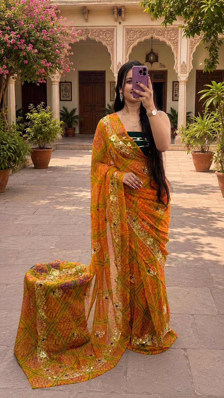 Mor Bandhani Aari-Tari Georgette Saree