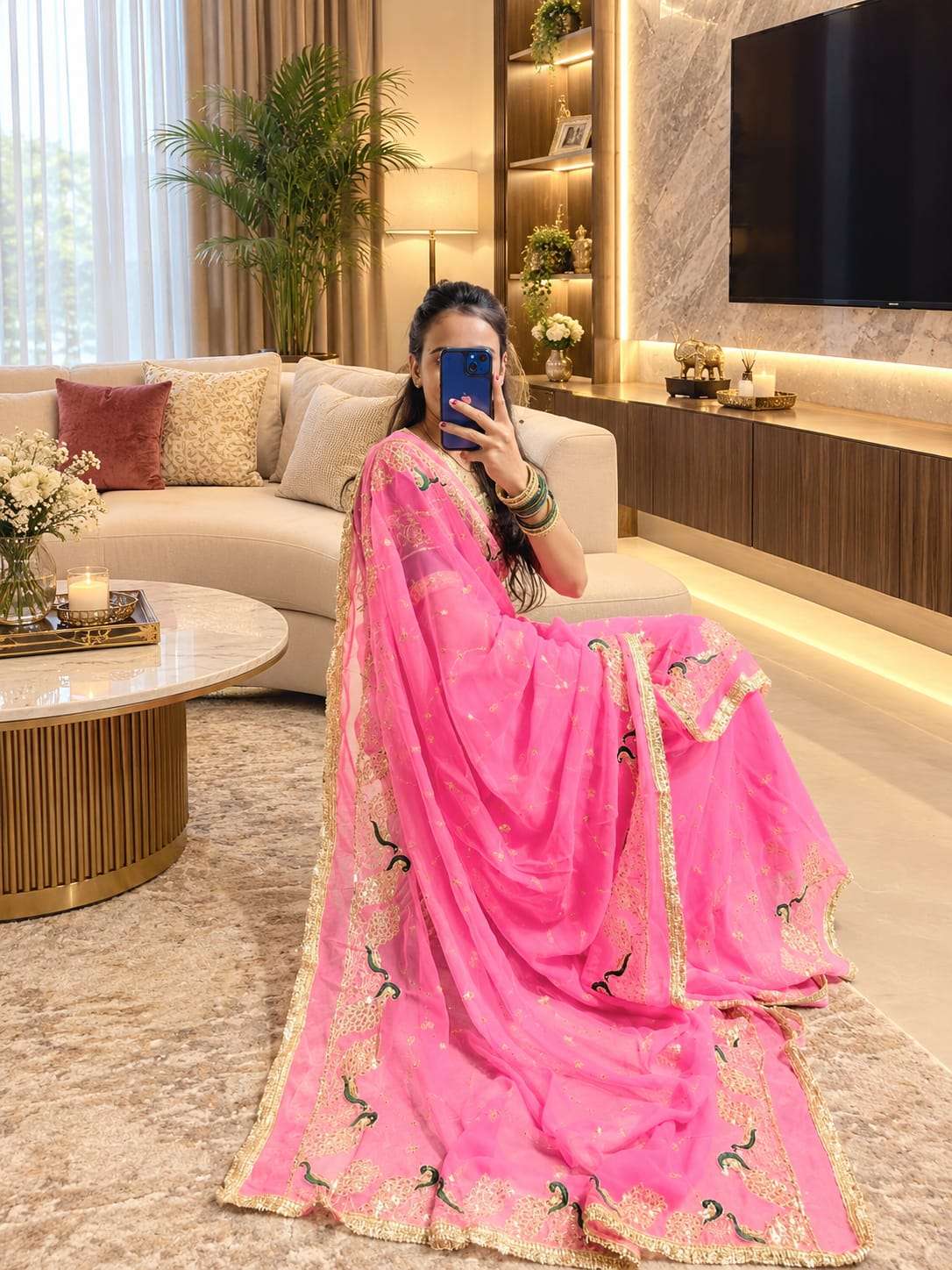 Couple Mor Ari-Tari Jaal Work Georgette Saree