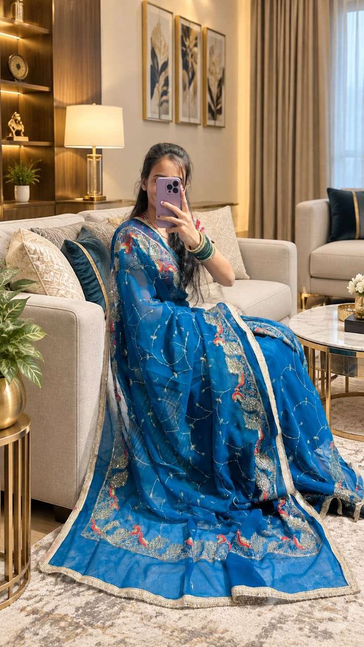Couple Mor Ari-Tari Jaal Work Georgette Saree