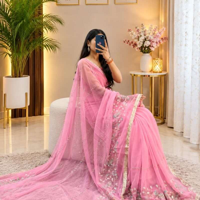 Blue Mor Aari-Tari Georgette Party Wear Saree