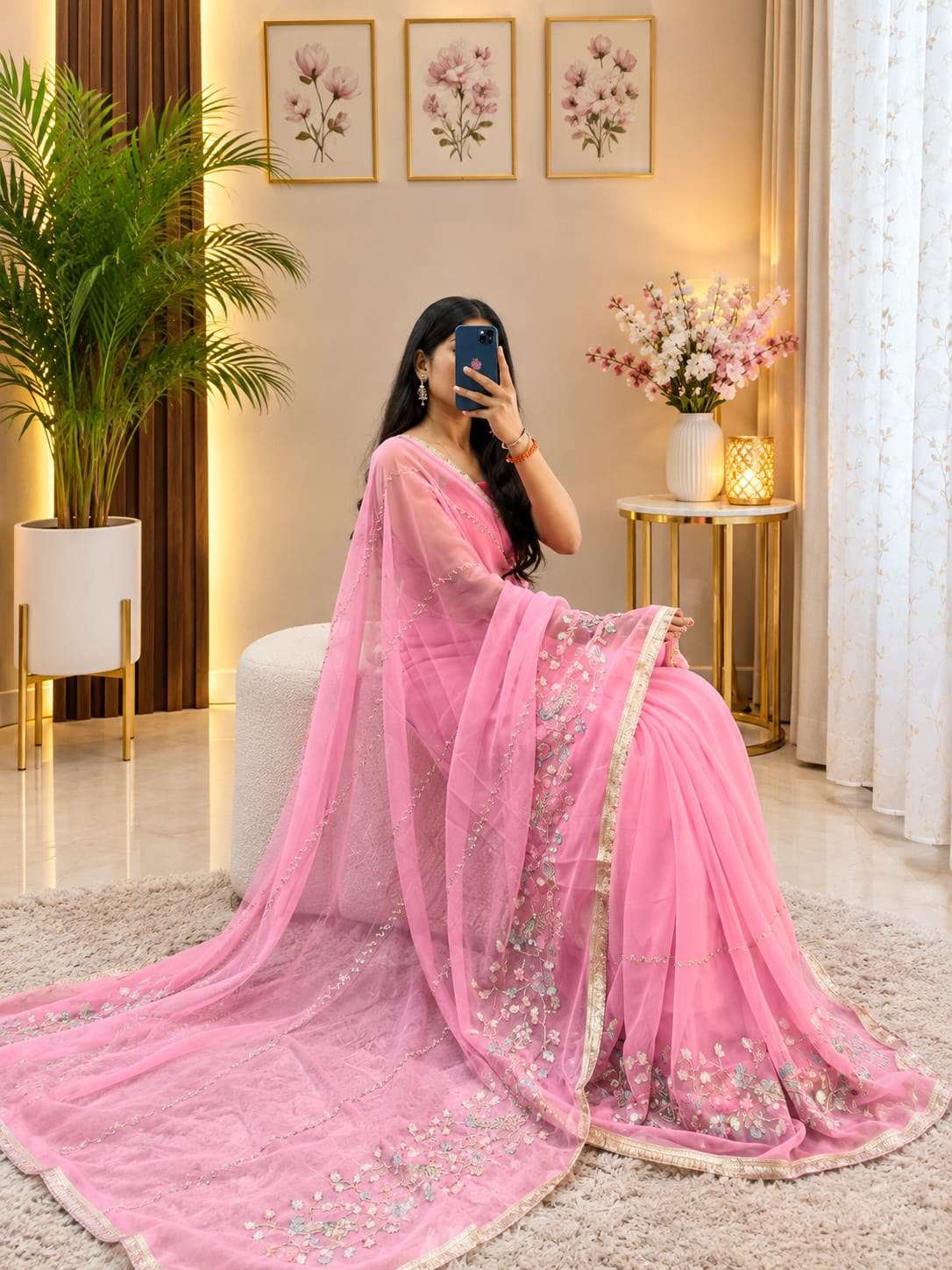 Blue Mor Aari-Tari Georgette Party Wear Saree
