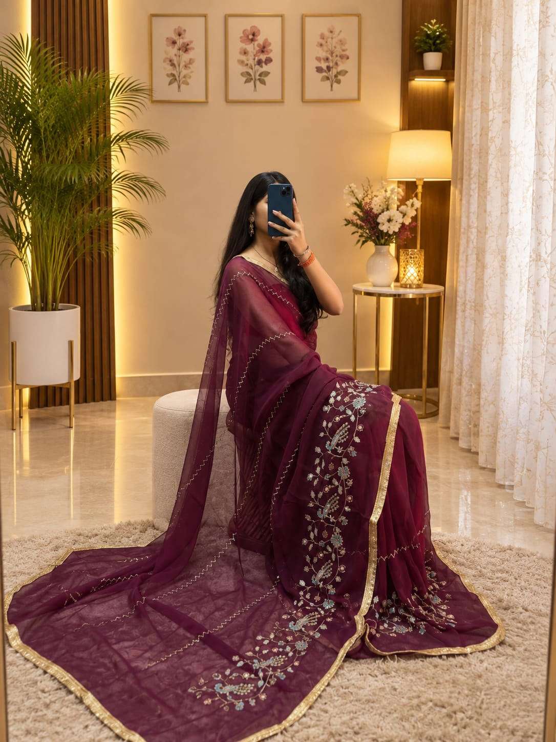 Blue Mor Aari-Tari Georgette Party Wear Saree