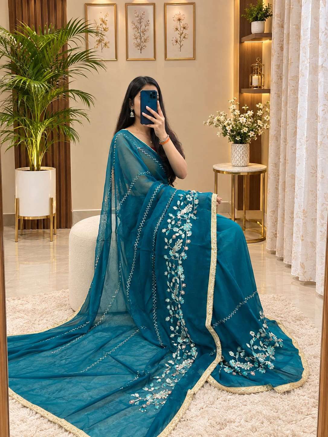 Blue Mor Aari-Tari Georgette Party Wear Saree