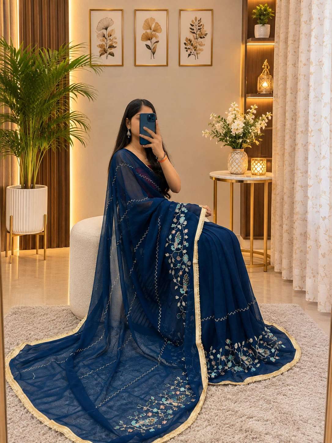 Blue Mor Aari-Tari Georgette Party Wear Saree