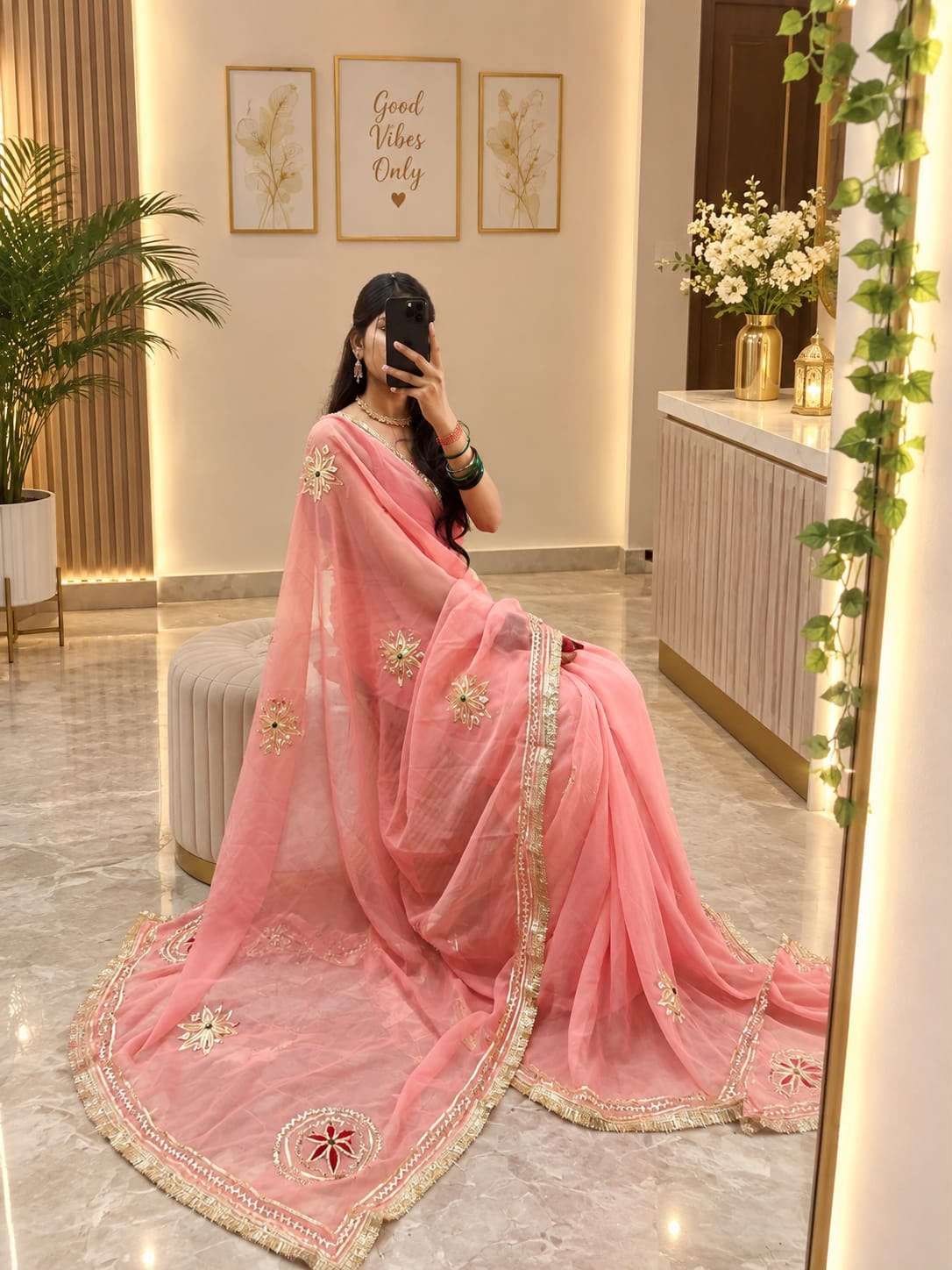 Minimal Kacchi Gota Handcrafted Georgette Party Wear Saree - Image 9